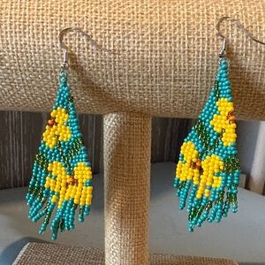 Handmade Turquoise and Yellow Beaded Floral Fringe Earrings